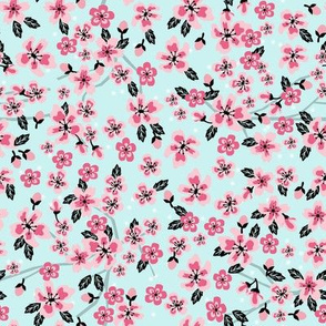 cherry blossom coordinate fabric - pink florals fabric - light blue