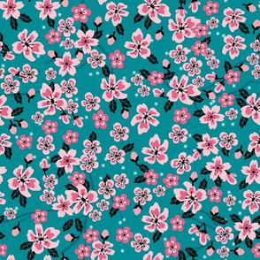 cherry blossom coordinate fabric - pink florals fabric - teal