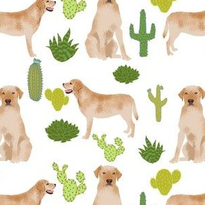 yellow lab fabric labrador retriever fabric design with cactus - light blue