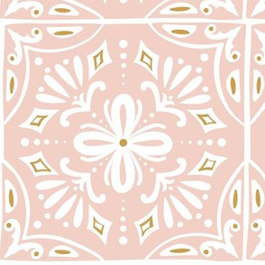 Sevilla - Spanish Tile Blush Pink and Goldenrod Large Scale