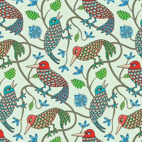 THREE LITTLE BIRDS Cute Kawaii Birds Colourful Branches Flowers Floral Botanical in Red Turquoise Pink Green on Mint - SMALL Scale - UnBlink Studio by Jackie Tahara