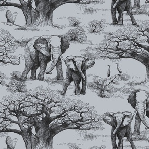 Elephants and Baobab Toile - gray