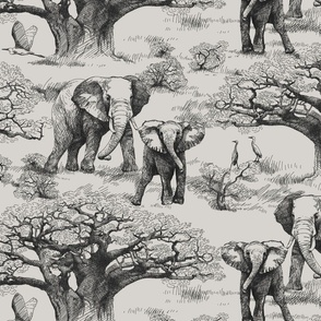 Elephants and Baobab Toile - graphite