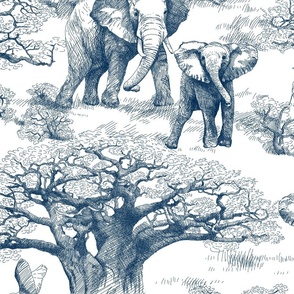 Elephants and Baobab Toile - blue