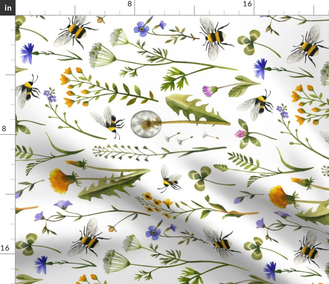 Bees and Wildflowers / White / Large Scale Rotated