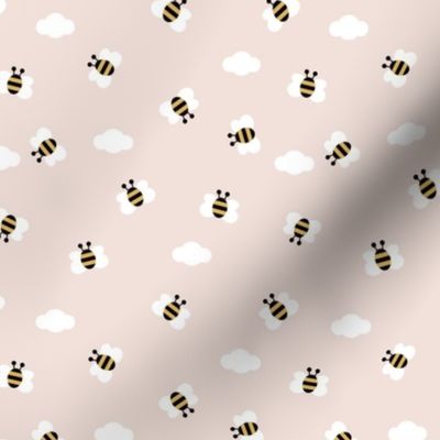 Little buzzing bumble bees and clouds spring summer sky nursery design pale nude pink yellow girls