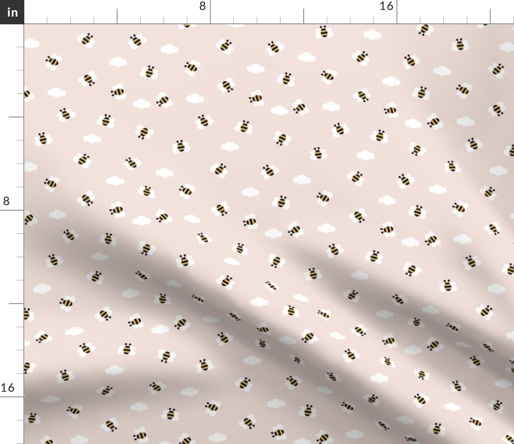 Little buzzing bumble bees and clouds spring summer sky nursery design pale nude pink yellow girls