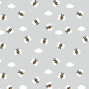 Little buzzing bumble bees and clouds spring summer sky nursery design gray blue yellow