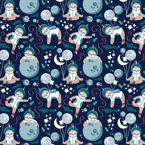 Super tiny scale // Best Space To Be // navy blue background turquoise moons and cute astronauts sloths