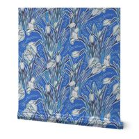 White Crocuses, Spring Flowers Botanical Floral Pattern Cerulean Blue