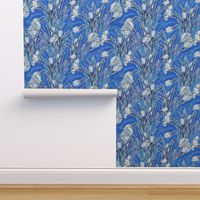 White Crocuses, Spring Flowers Botanical Floral Pattern Cerulean Blue