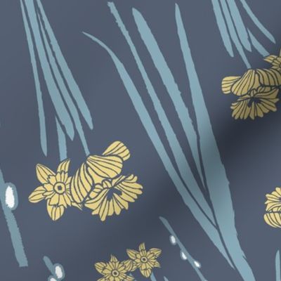 Hand drawn yellow daffodils with blue grey leaves and willow branches