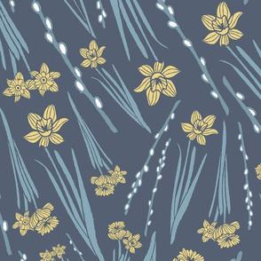 Hand drawn yellow daffodils with blue grey leaves and willow branches