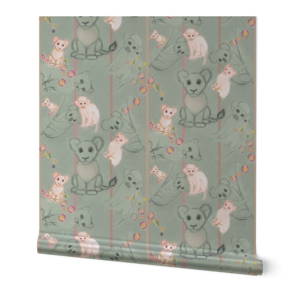 8x10-Inch Half-Drop Repeat of Safari Baby Animals on Soft Sage Background