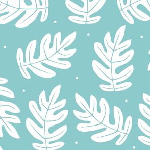 Tropical Leaves - White on Sky Blue