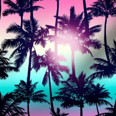 Sunset Palm / Pink Turquoise Ombre Background / Small Scale