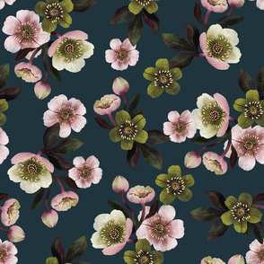 Hellebores on dark teal