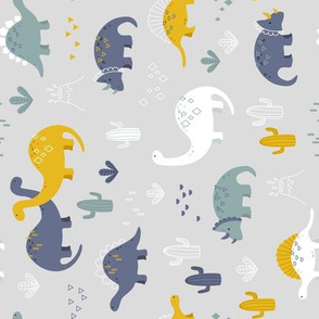 Geometric Dinosaurs - grey yellow rotated