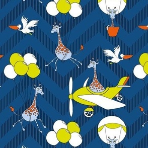 flying safari chevron - blue: giraffes, pelicans, balloons and planes