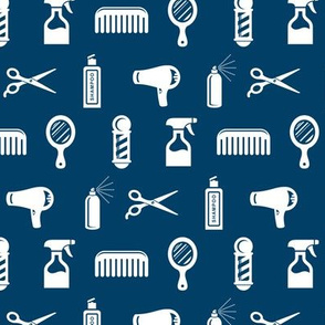 Salon & Barber Hairdresser Pattern in White with Navy Blue Background