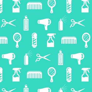 Salon & Barber Hairdresser Pattern in White with Teal Blue Background
