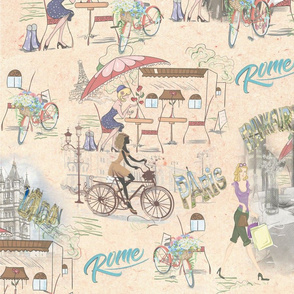 6 City cafe illustrations on pastel paper