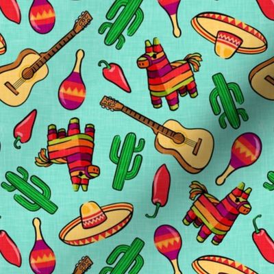 fiesta - pinata , Sombrero, cactus, maraca - OG on teal - LAD20