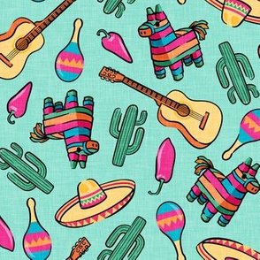 fiesta - pinata , Sombrero, cactus, maraca - pink on teal - LAD20