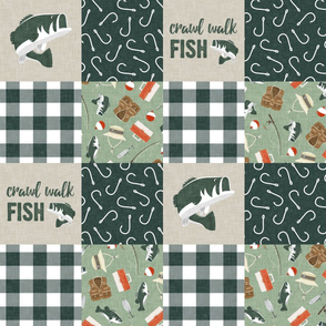 Crawl Walk Fish Wholecloth - fishing patchwork fishing, fisherman, bass fish, fish hooks, plaid, woodland, country boy - sage and green  - LAD20