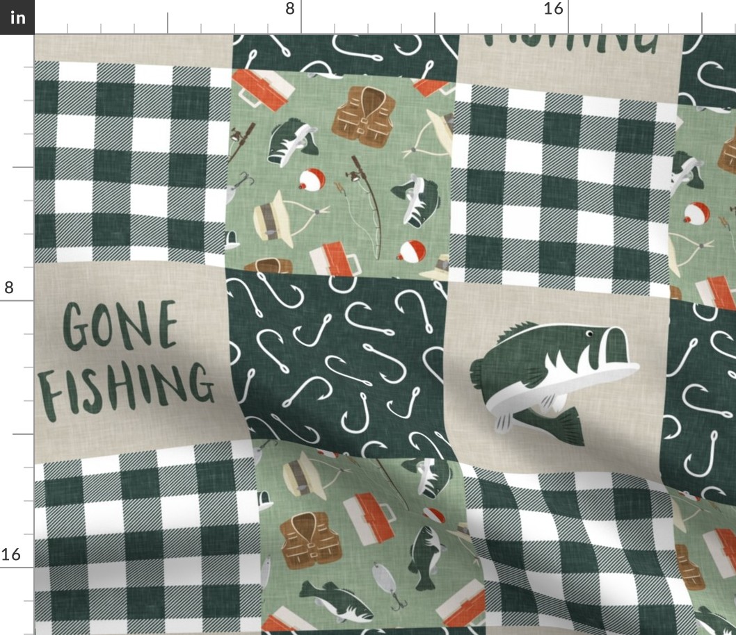Gone Fishing Wholecloth - patchwork fishing, fisherman, bass fish, fish hooks, plaid, woodland, country boy - sage and green - LAD20