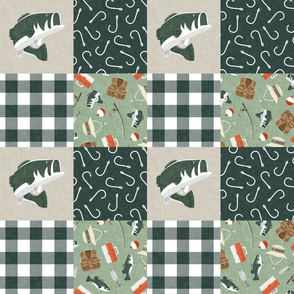 Fishing Wholecloth - patchwork fishing, fisherman, bass fish, fish hooks, plaid, woodland, country boy - sage and green - LAD20