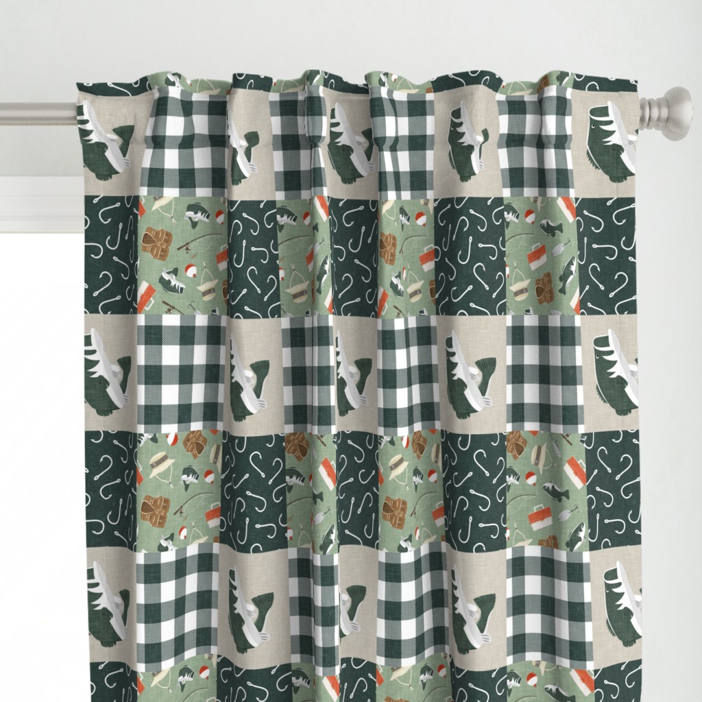 Fishing Wholecloth - patchwork fishing, fisherman, bass fish, fish hooks, plaid, woodland, country boy - sage and green (90) - LAD20