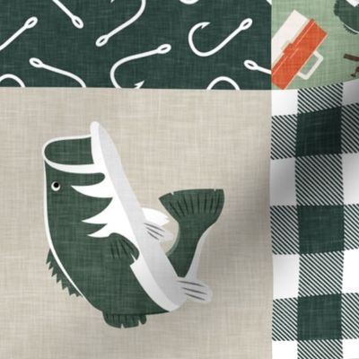 Fishing Wholecloth - patchwork fishing, fisherman, bass fish, fish hooks, plaid, woodland, country boy - sage and green (90) - LAD20