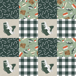 Fishing Wholecloth - patchwork fishing, fisherman, bass fish, fish hooks, plaid, woodland, country boy - sage and green (90) - LAD20