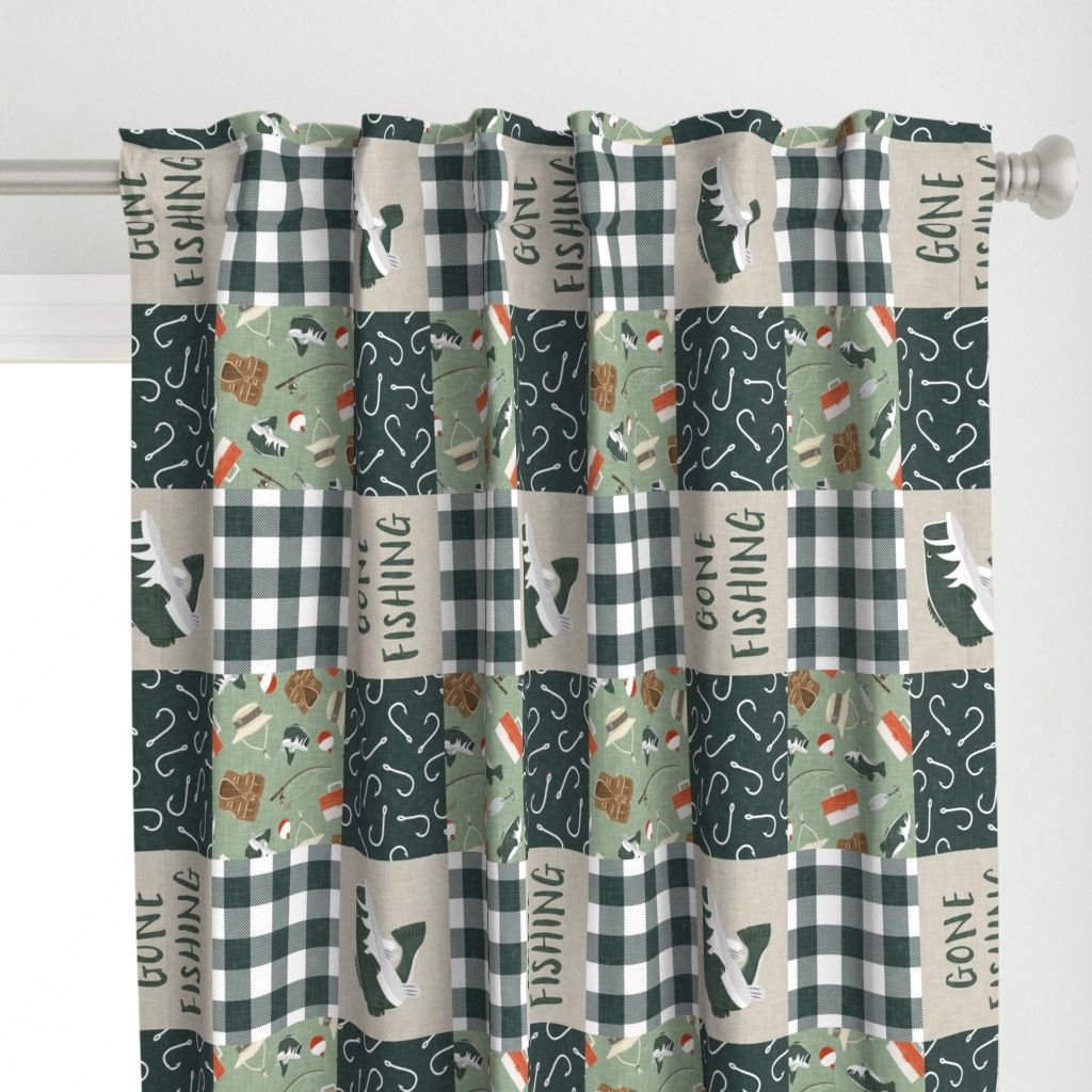 Gone Fishing Wholecloth - patchwork fishing, fisherman, bass fish, fish hooks, plaid, woodland, country boy - sage and green (90) - LAD20