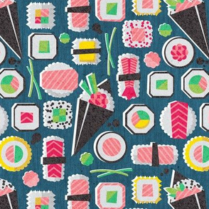 Small scale // Paper cut geo sushi // teal background multicoloured geometric sushi rolls