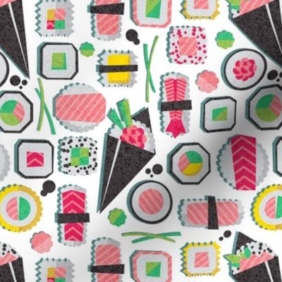 Small scale // Paper cut geo sushi // white background multicoloured geometric sushi rolls