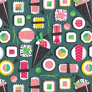 Small scale // Paper cut geo sushi // pine green background multicoloured geometric sushi rolls