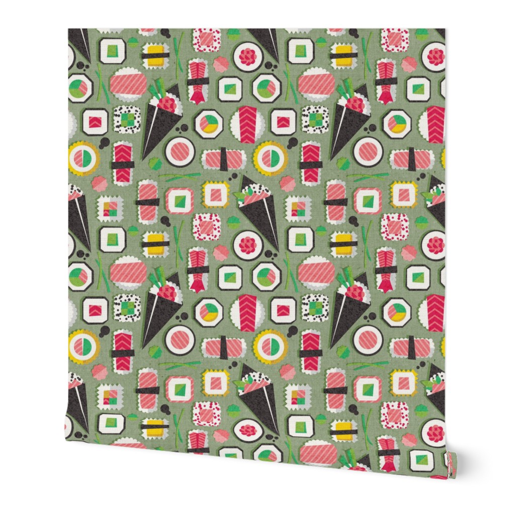 Small scale // Paper cut geo sushi // sage green background multicoloured geometric sushi rolls