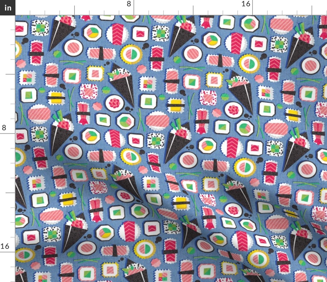Small scale // Paper cut geo sushi // blue background multicoloured geometric sushi rolls