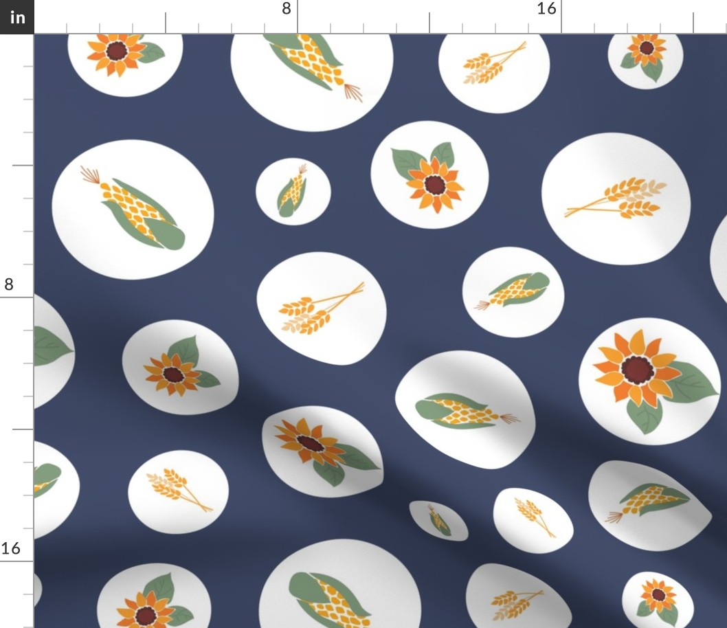 Autumn Polka Dots sunflowers and corn on the cop design. Autumn harvest design for fall, and Thanksgiving holidays. 