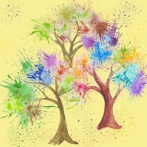 Colorful Watercolor Abstract Trees on Yellow