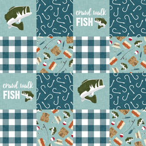 Crawl Walk Fish -  Fishing Wholecloth - patchwork fishing, fisherman, bass fish, fish hooks, plaid, woodland, country boy - minty blue and teal - LAD20