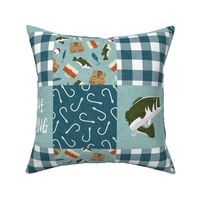 Gone Fishing Wholecloth - patchwork fishing, fisherman, bass fish, fish hooks, plaid, woodland, country boy - minty blue and teal - LAD20