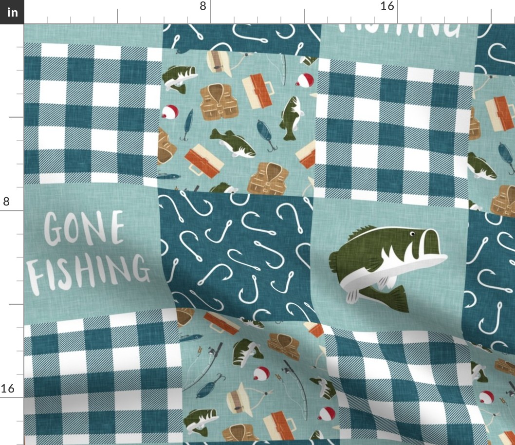 Gone Fishing Wholecloth - patchwork fishing, fisherman, bass fish, fish hooks, plaid, woodland, country boy - minty blue and teal - LAD20