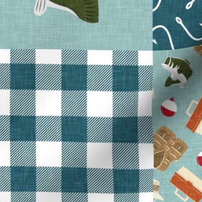 Fishing Wholecloth - patchwork fishing, fisherman, bass fish, fish hooks, plaid, woodland, country boy - minty blue and teal  - LAD20