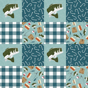 Fishing Wholecloth - patchwork fishing, fisherman, bass fish, fish hooks, plaid, woodland, country boy - minty blue and teal  - LAD20