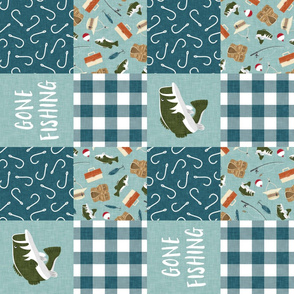 Gone Fishing Wholecloth - patchwork fishing, fisherman, bass fish, fish hooks, plaid, woodland, country boy - minty blue and teal (90) - LAD20