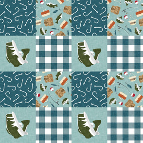Fishing Wholecloth - patchwork fishing, fisherman, bass fish, fish hooks, plaid, woodland, country boy - minty blue and teal (90) - LAD20