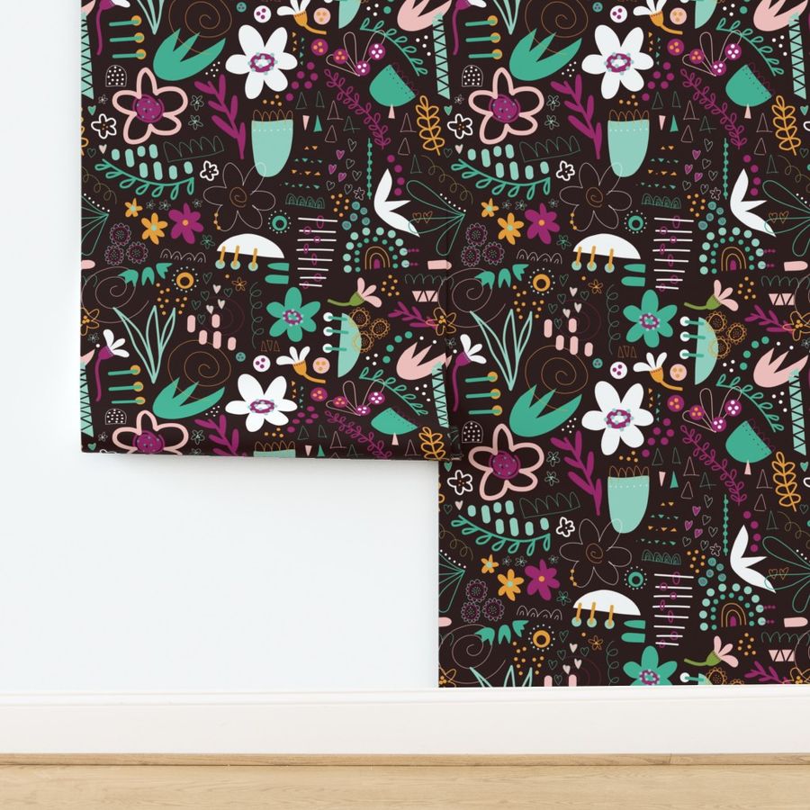 Line Art Florals Black Teal Purple White